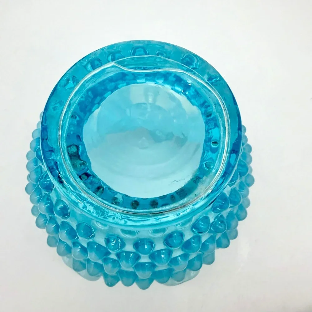 Fenton Home Vase 4.5in Glass Mid-Century Blue Opalescent Hobnail Ruffled